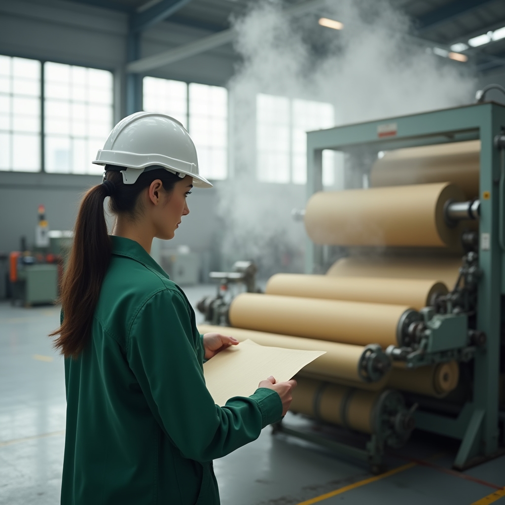 Graspapierproduktion mit Grashalmen und Papiermaschine in einer modernen Fabrik